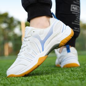 New super light breathable couple badminton shoes Fashion comfortable men's sports shoes tennis shoes (Color: White and blue, size: 43.0)